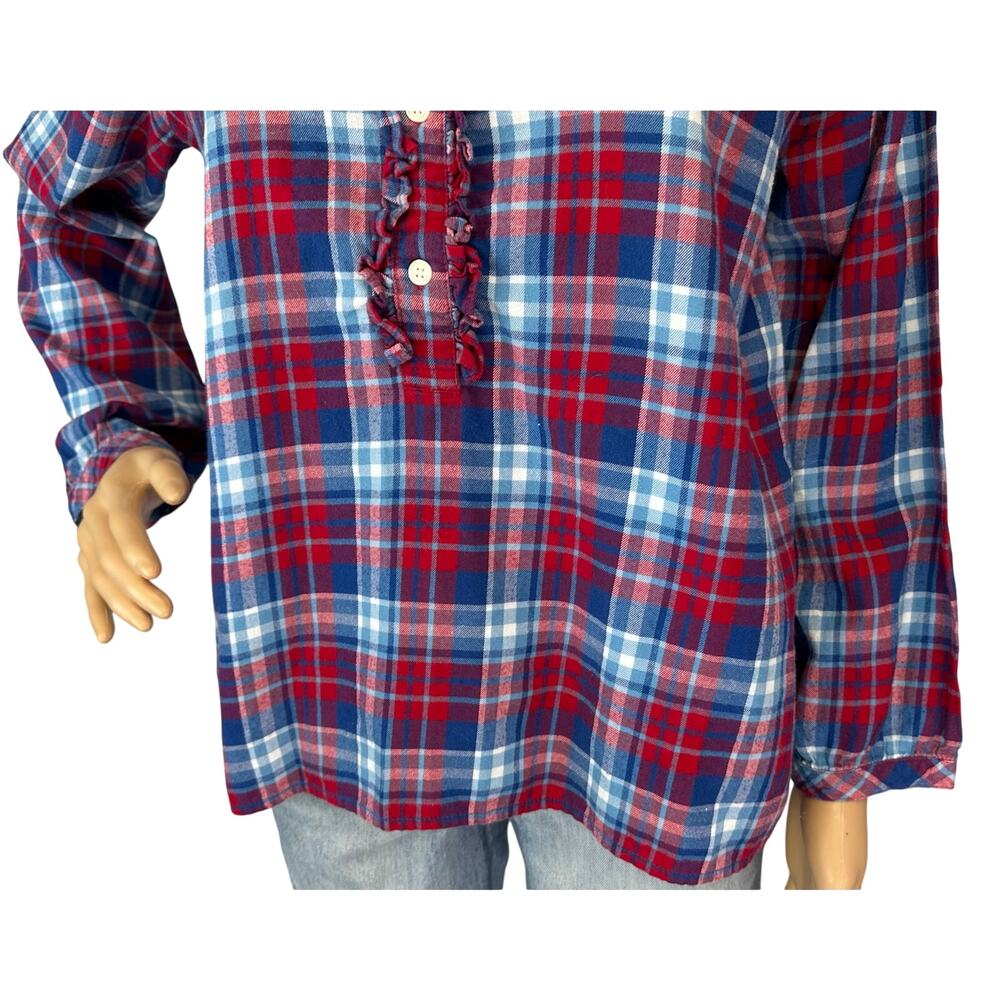 J. Crew Mercantile Ruffle Flannel Shirt Blue Red Plaid J6456 Size M - Picture 7 of 11